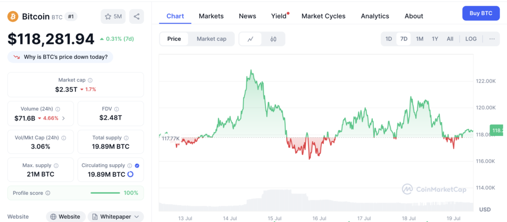 نمودار قیمت و اطلاعات بازار بیت کوین - منبع: CoinMarketCap